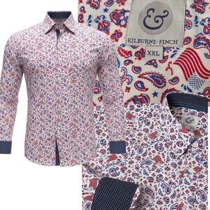 Kilburne Finch Button Down Mens XXL White Patriotic Paisley Flag Shirt